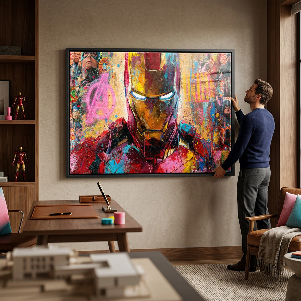 Acrylglasbild Iron Legend an der Wand eines modernen Wohnraums