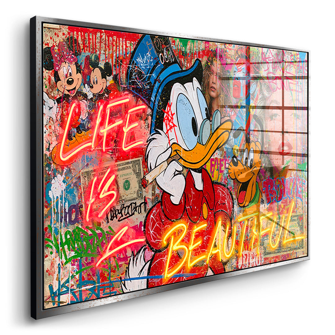 Seitenansicht des Acrylglasbilds Life Is Beautiful Graffiti im silbernen Rahmen