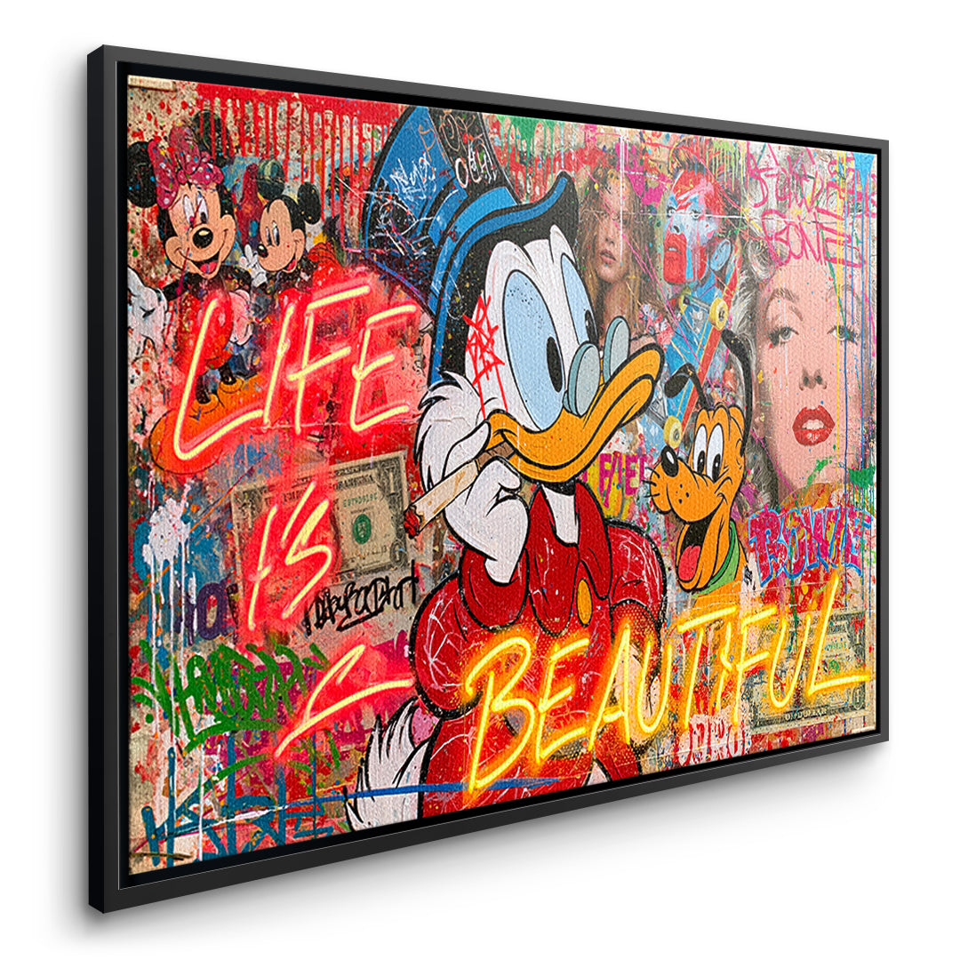 Seitenansicht des Leinwandbilds Life Is Beautiful Graffiti im schwarzen Rahmen