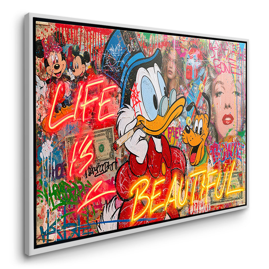 Seitenansicht des Leinwandbilds Life Is Beautiful Graffiti im weißen Rahmen