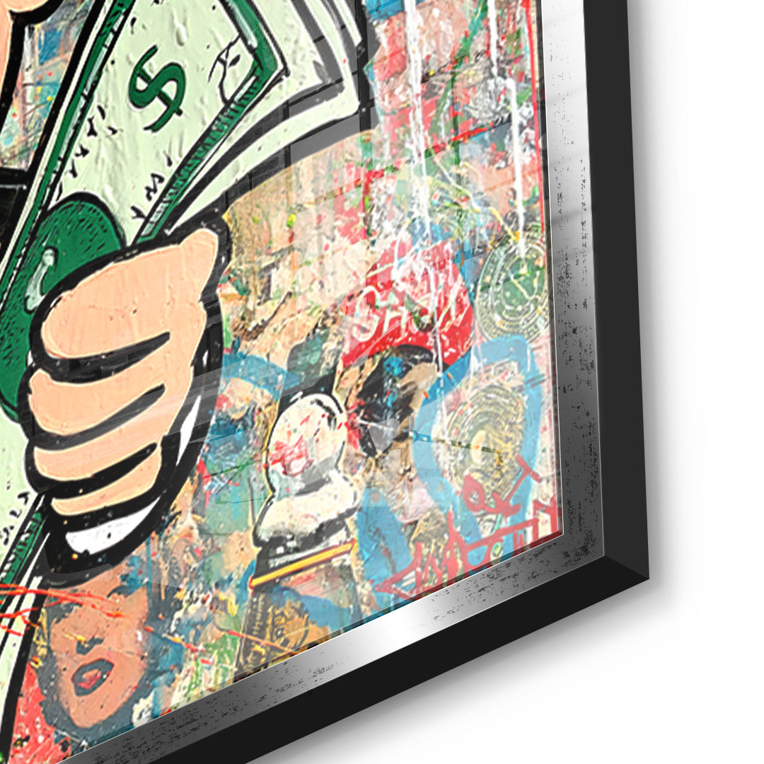 Detailaufnahme des 5mm Acrylglases, Making Money Is An Art Graffiti im silbernen Rahmen