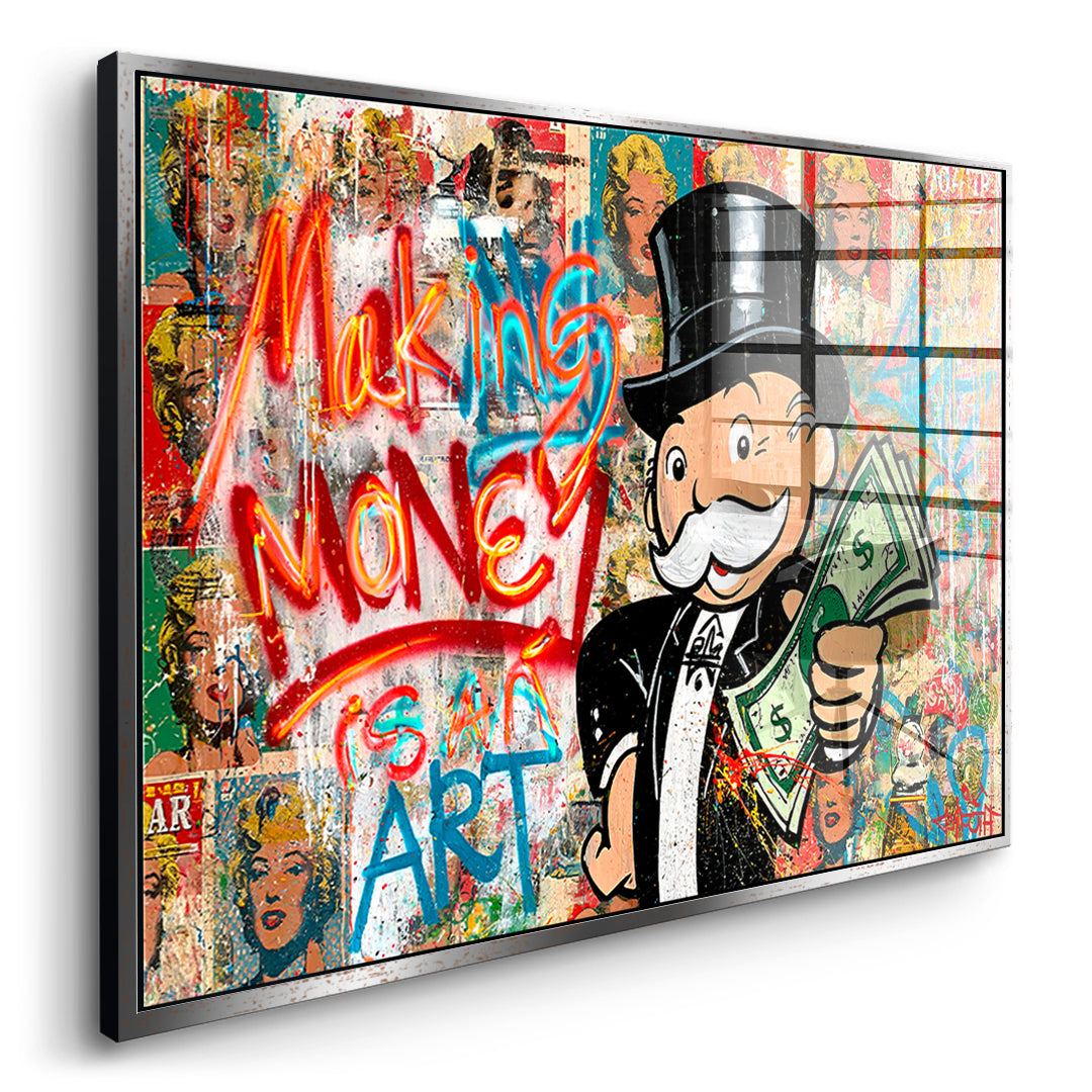 Seitenansicht des Acrylglasbilds Making Money Is An Art Graffiti im silbernen Rahmen