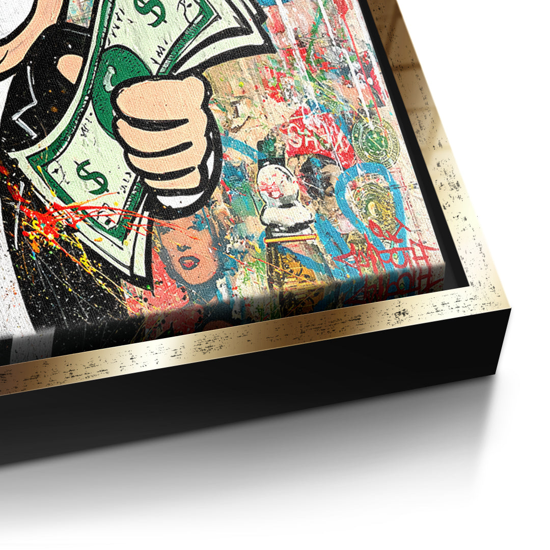 Detailaufnahme der Leinwandstruktur, Making Money Is An Art Graffiti im goldenen Rahmen