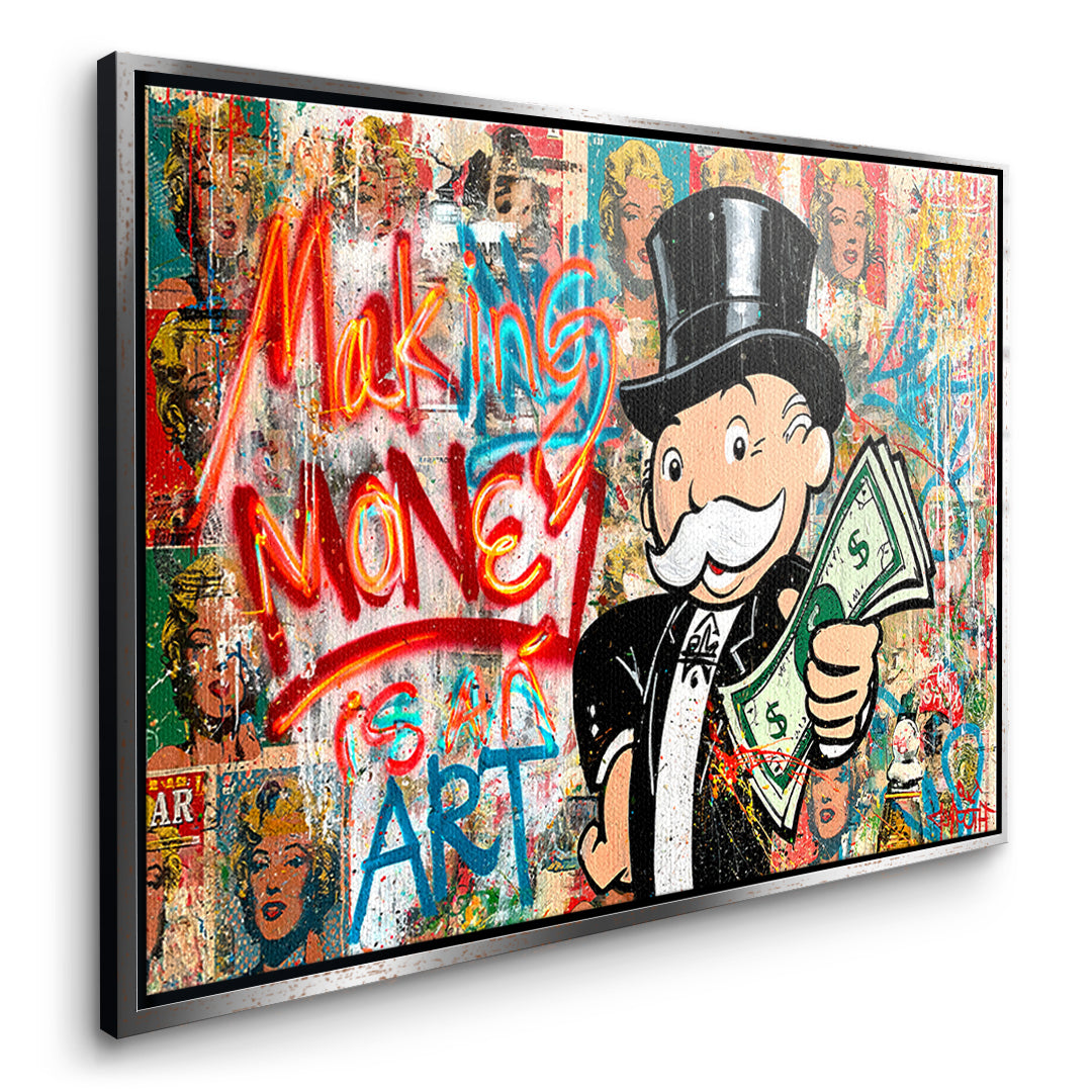 Seitenansicht des Leinwandbilds Making Money Is An Art Graffiti im silbernen Rahmen