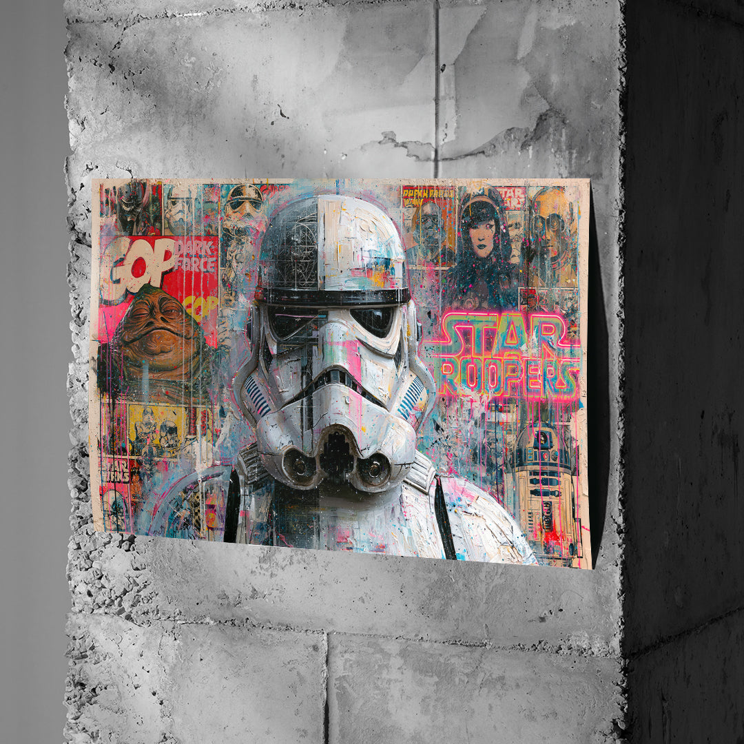 Poster Neon Trooper an einer Betonwand