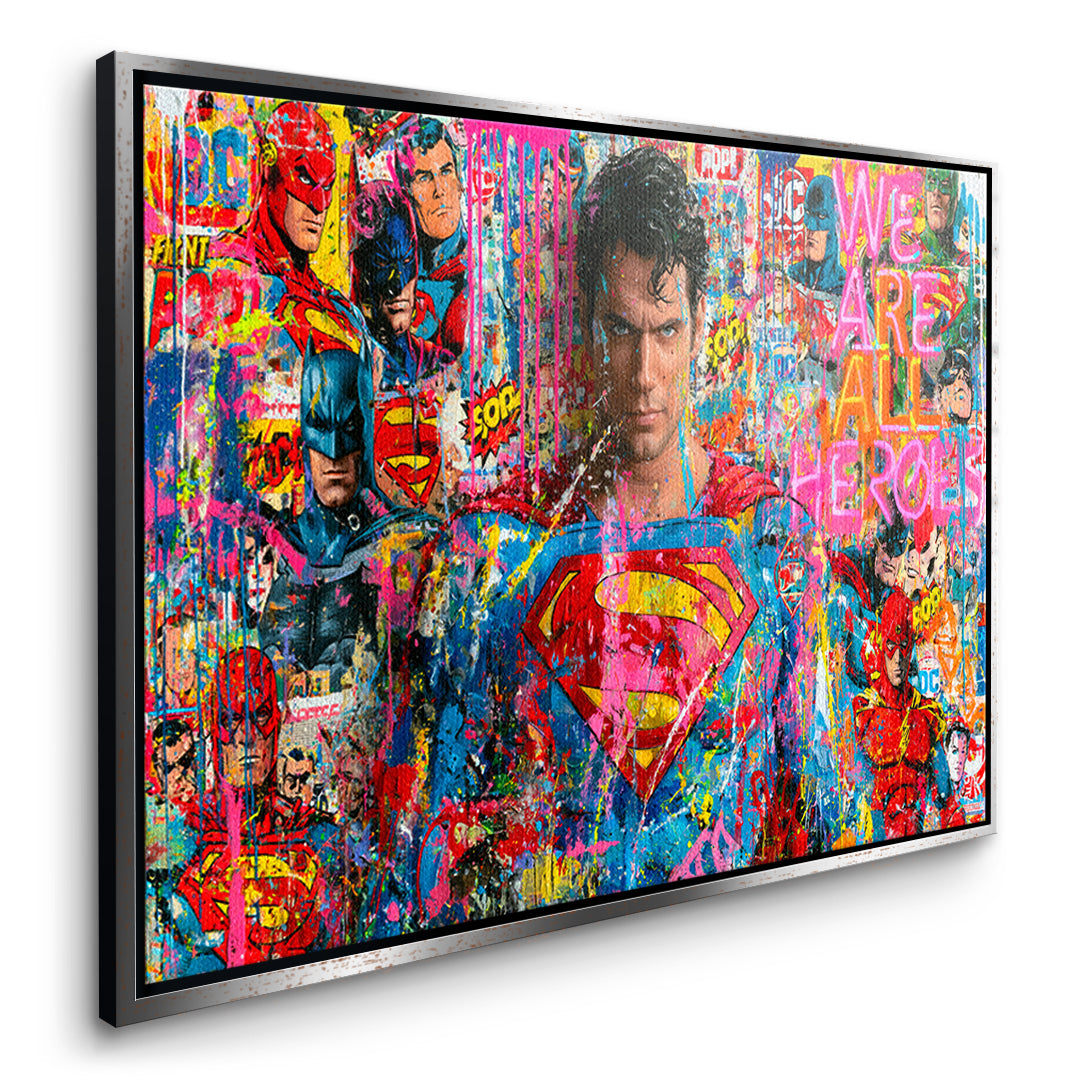 Seitenansicht des Leinwandbilds We Are All Heroes im silbernen Rahmen