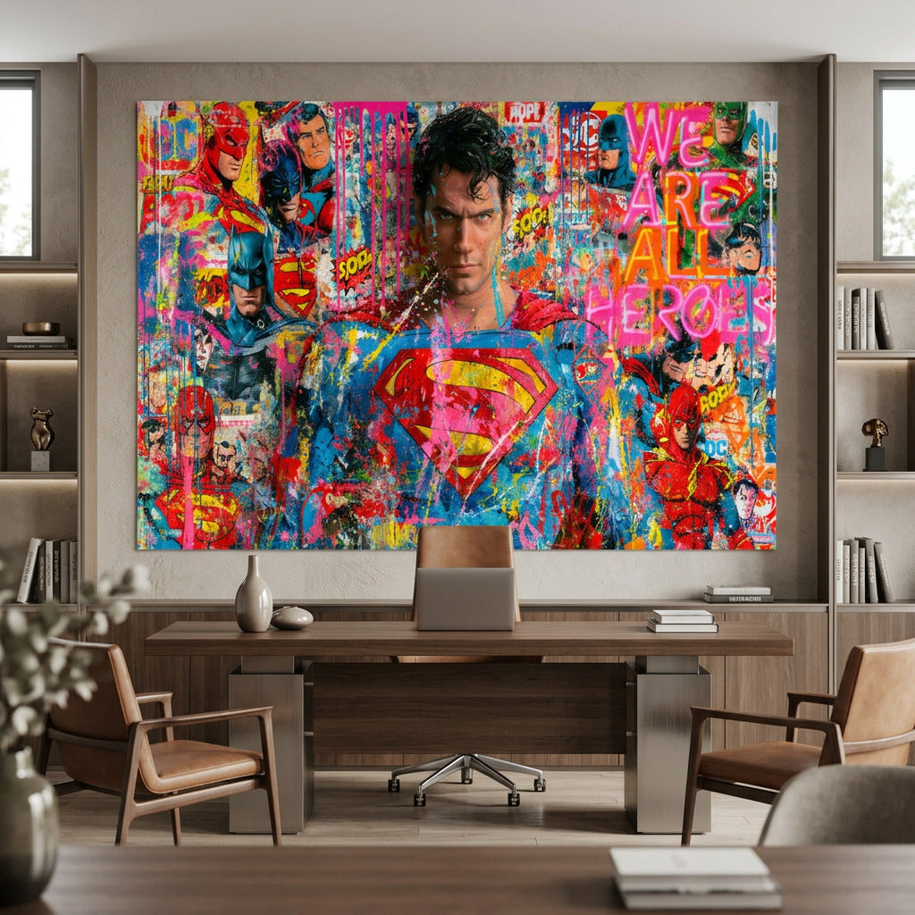 Poster We Are All Heroes an der Wand eines modernen Wohnraums