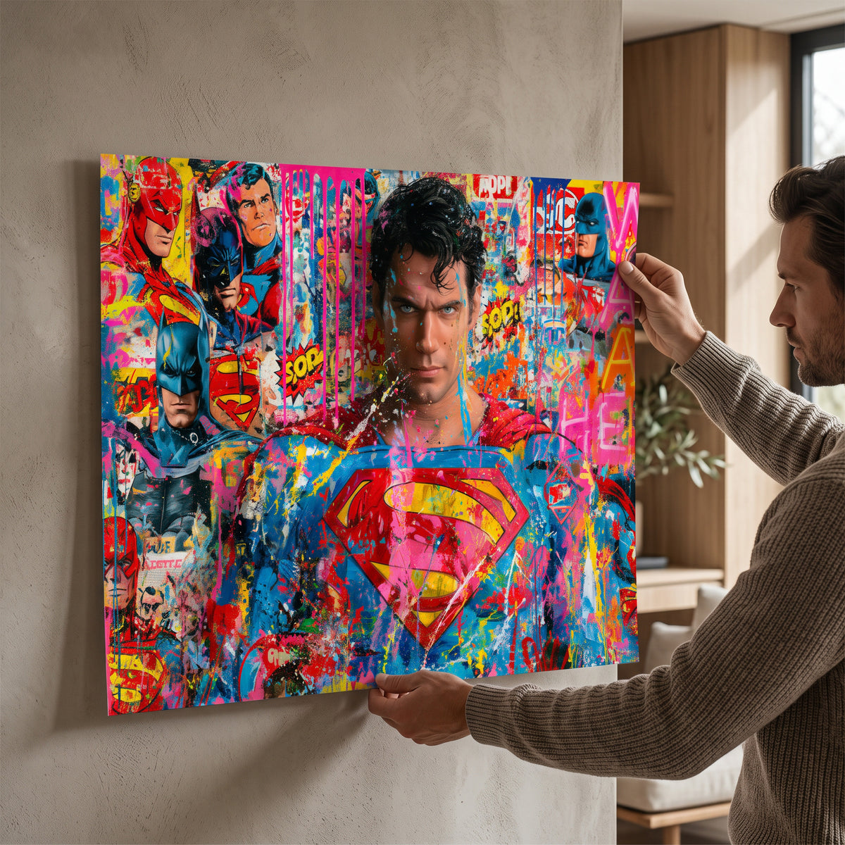 Poster We Are All Heroes an der Wand eines modernen Wohnraums, zweite Ansicht