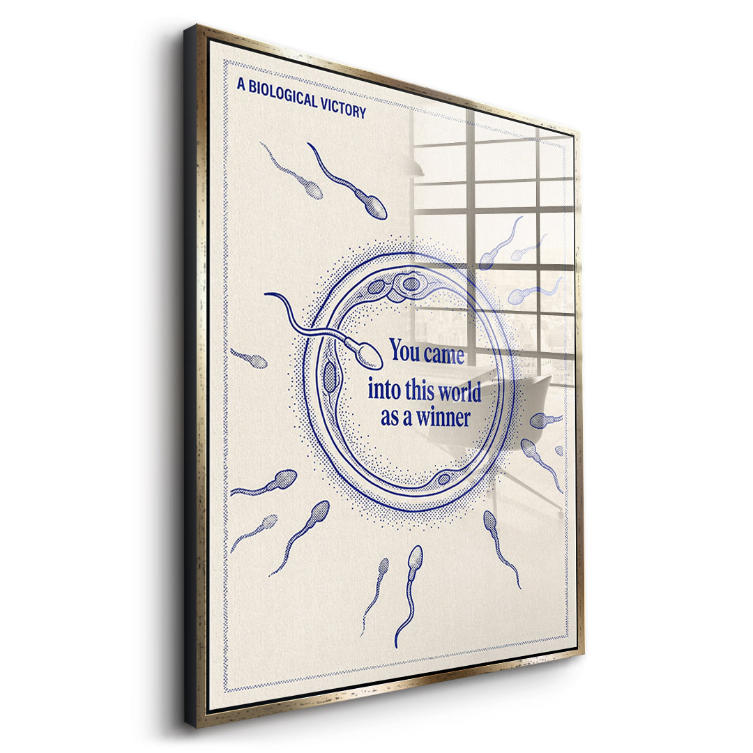 Seitenansicht des Acrylglasbilds Came Into The World As A Winner im goldenen Rahmen