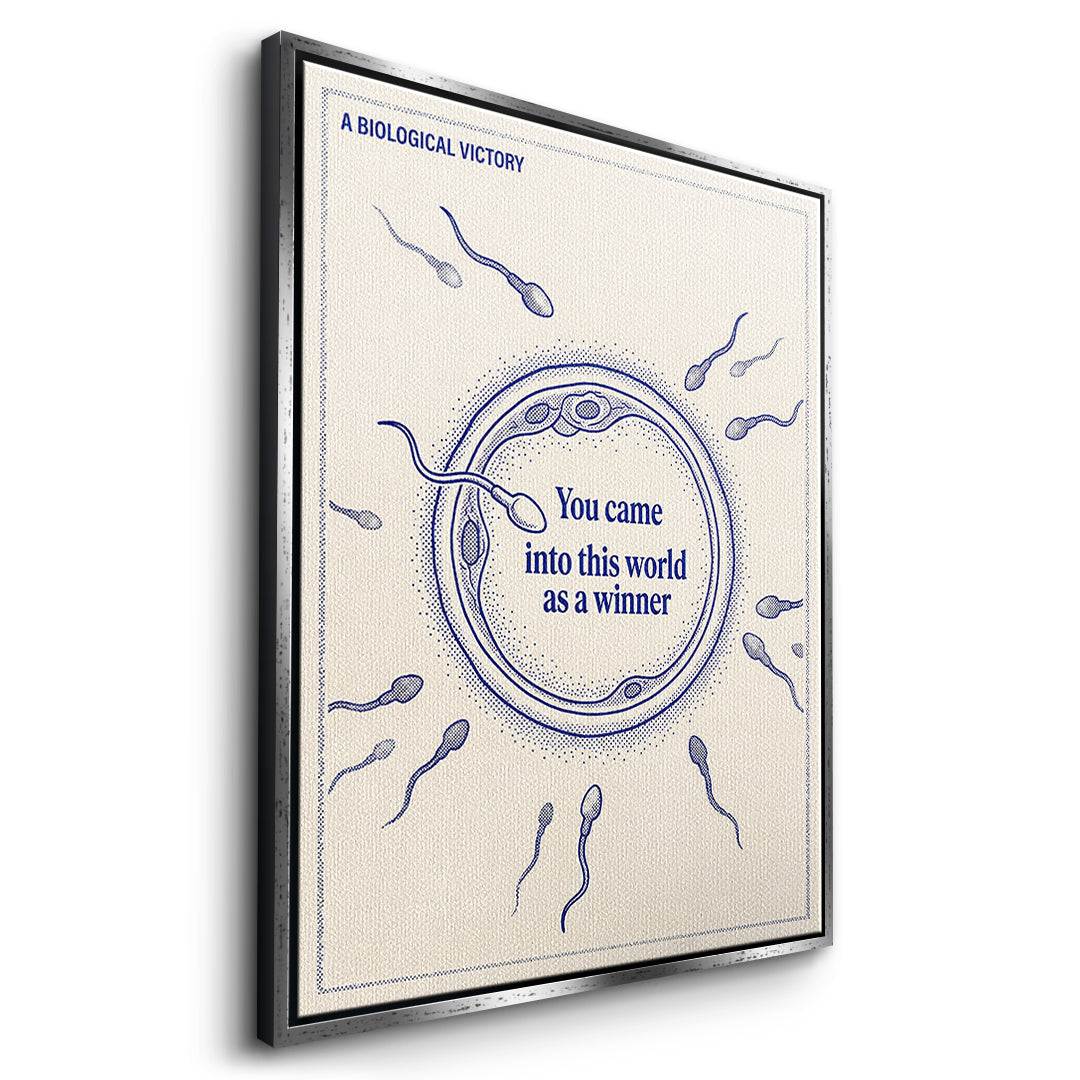 Seitenansicht des Leinwandbilds Came Into The World As A Winner im silbernen Rahmen