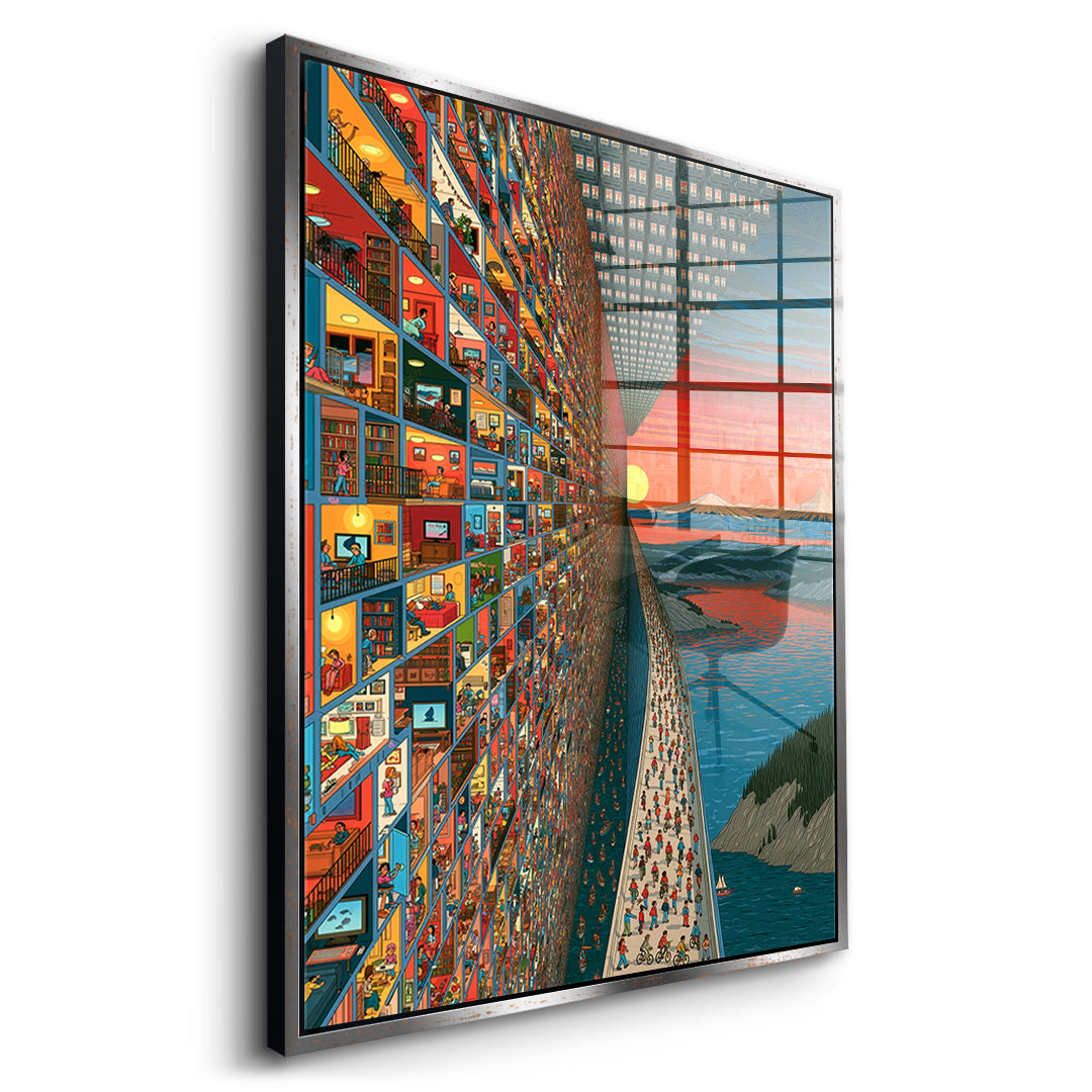 Seitenansicht des Acrylglasbilds City Of Windows im silbernen Rahmen