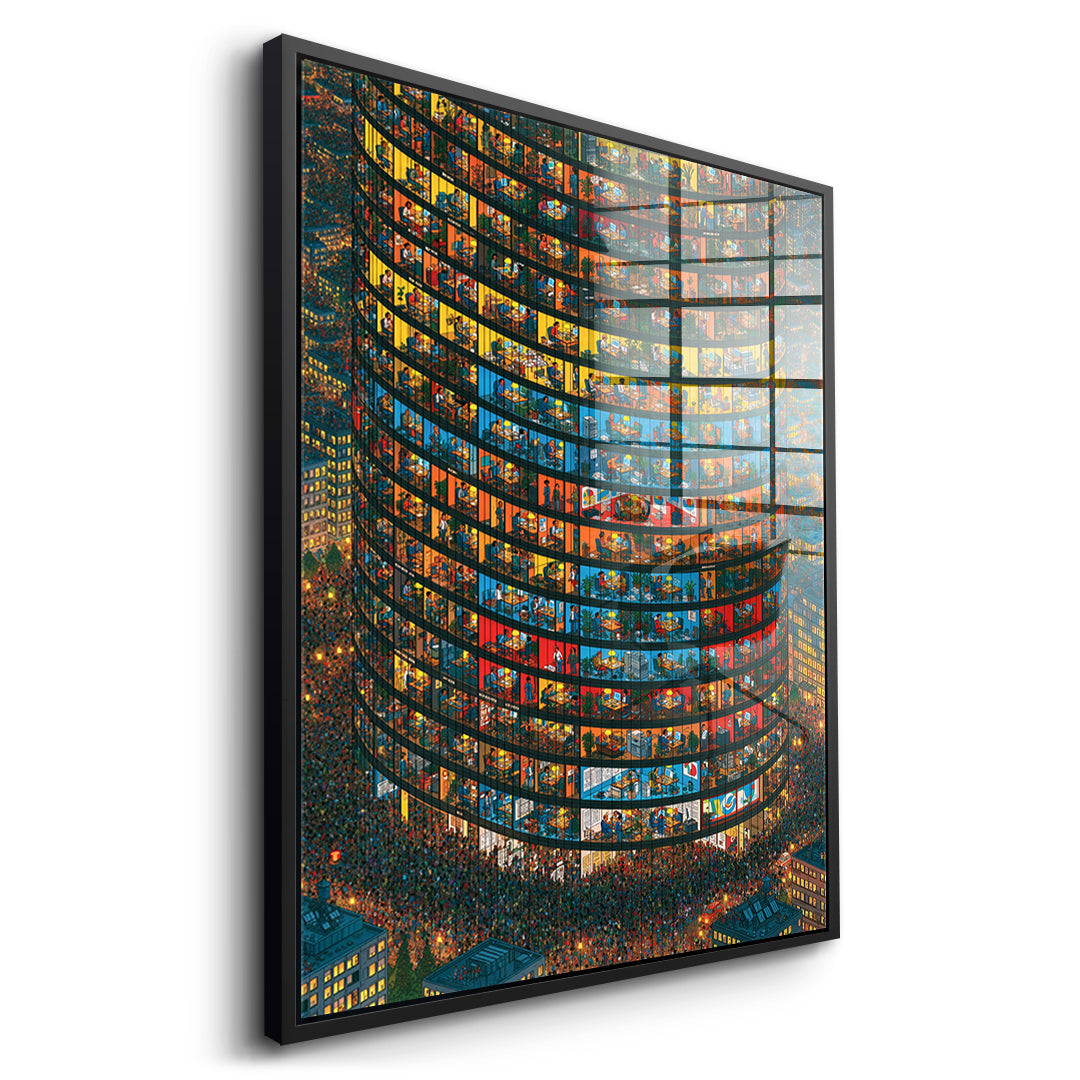Seitenansicht des Acrylglasbilds Tower Of Lives im schwarzen Rahmen