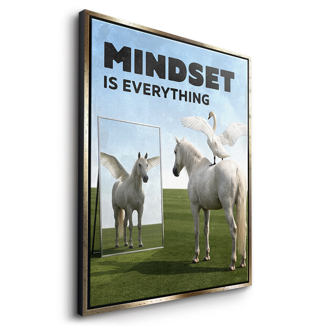 Seitenansicht des Leinwandbilds Mindset Is Everything Pegasus im goldenen Rahmen