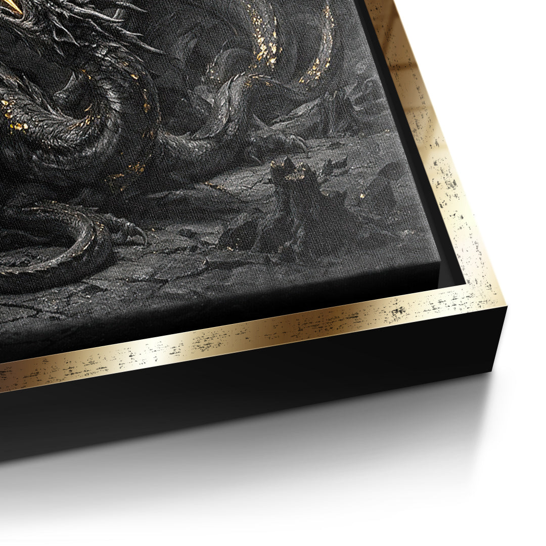 Detailaufnahme der Leinwandstruktur, Destroy What Destroys You im goldenen Rahmen