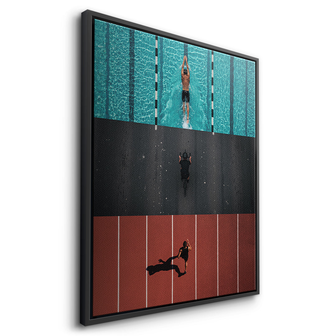 Seitenansicht des Leinwandbilds Triathlon im schwarzen Rahmen