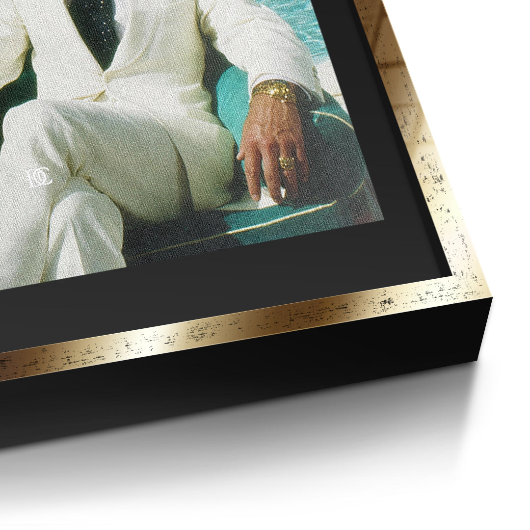 Detailaufnahme der Leinwandstruktur, The World Is Yours Tiger im goldenen Rahmen