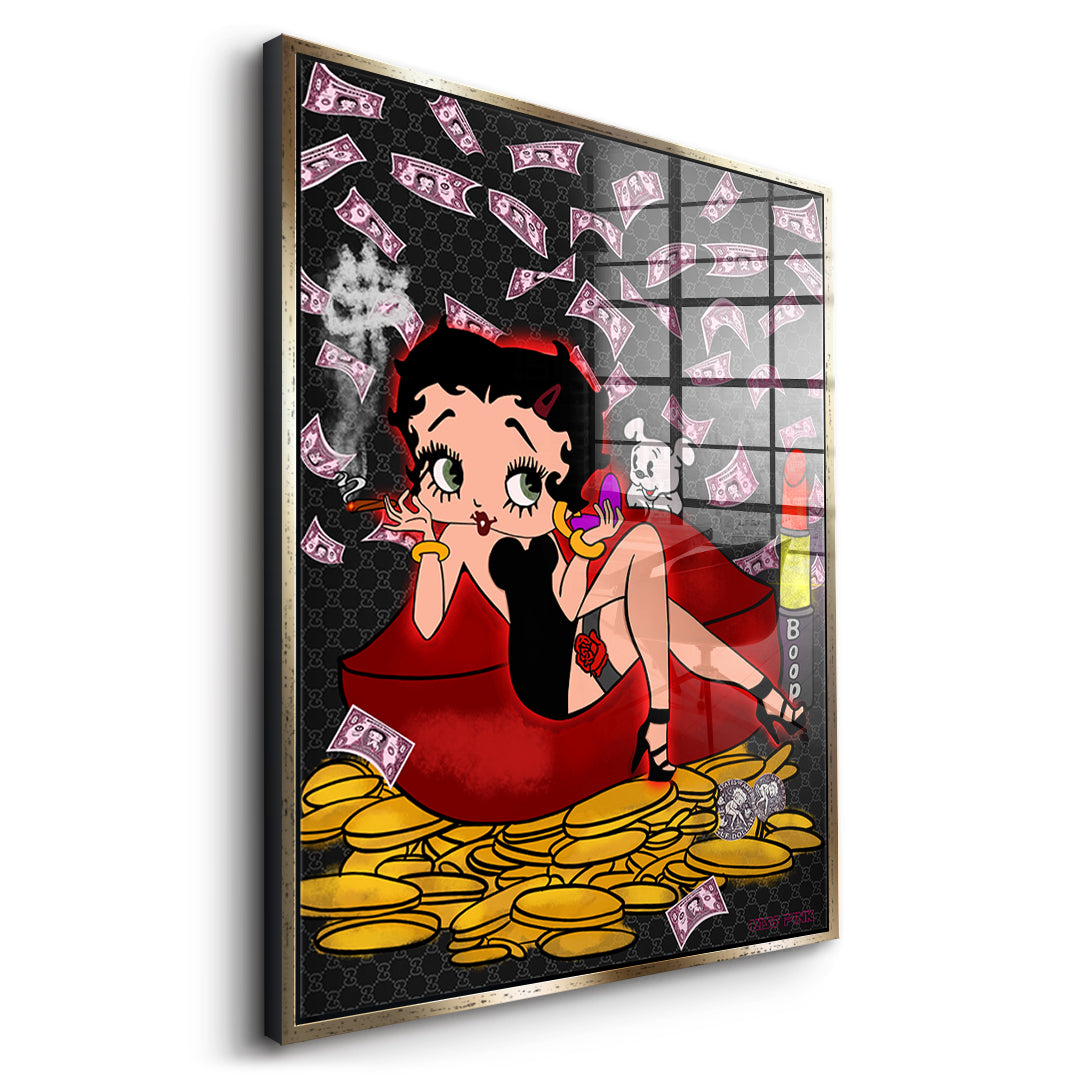 Seitenansicht des Acrylglasbilds Lipstick Money Pin-Up im goldenen Rahmen