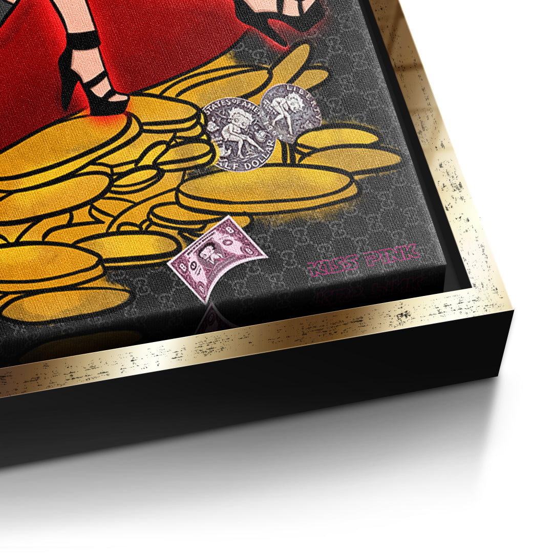 Detailaufnahme der Leinwandstruktur, Lipstick Money Pin-Up im goldenen Rahmen