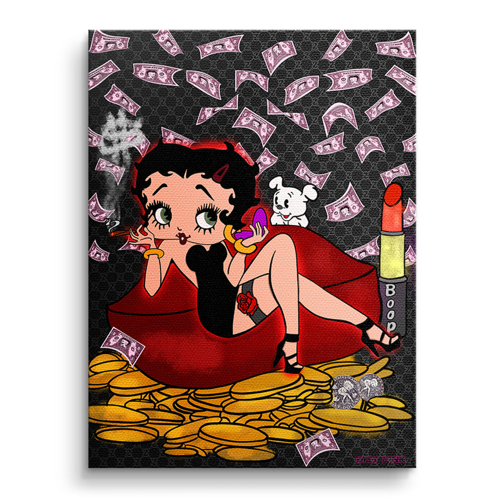 Lipstick Money Pin-Up – Original-Gemälde von Kiss Pink
