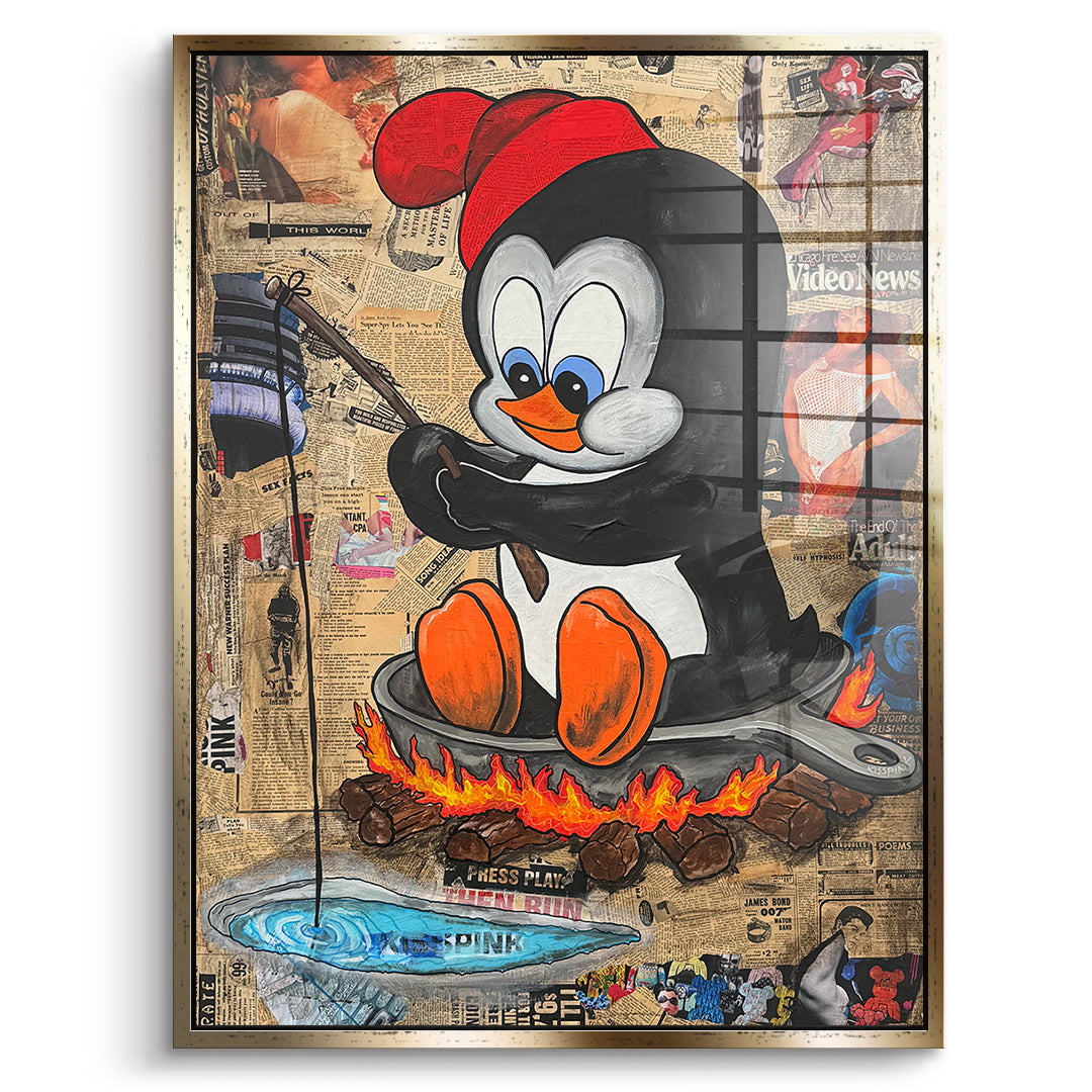 DOTCOMCANVAS Acrylglasbild Hot Pan Penguin im goldenen Premium-Rahmen