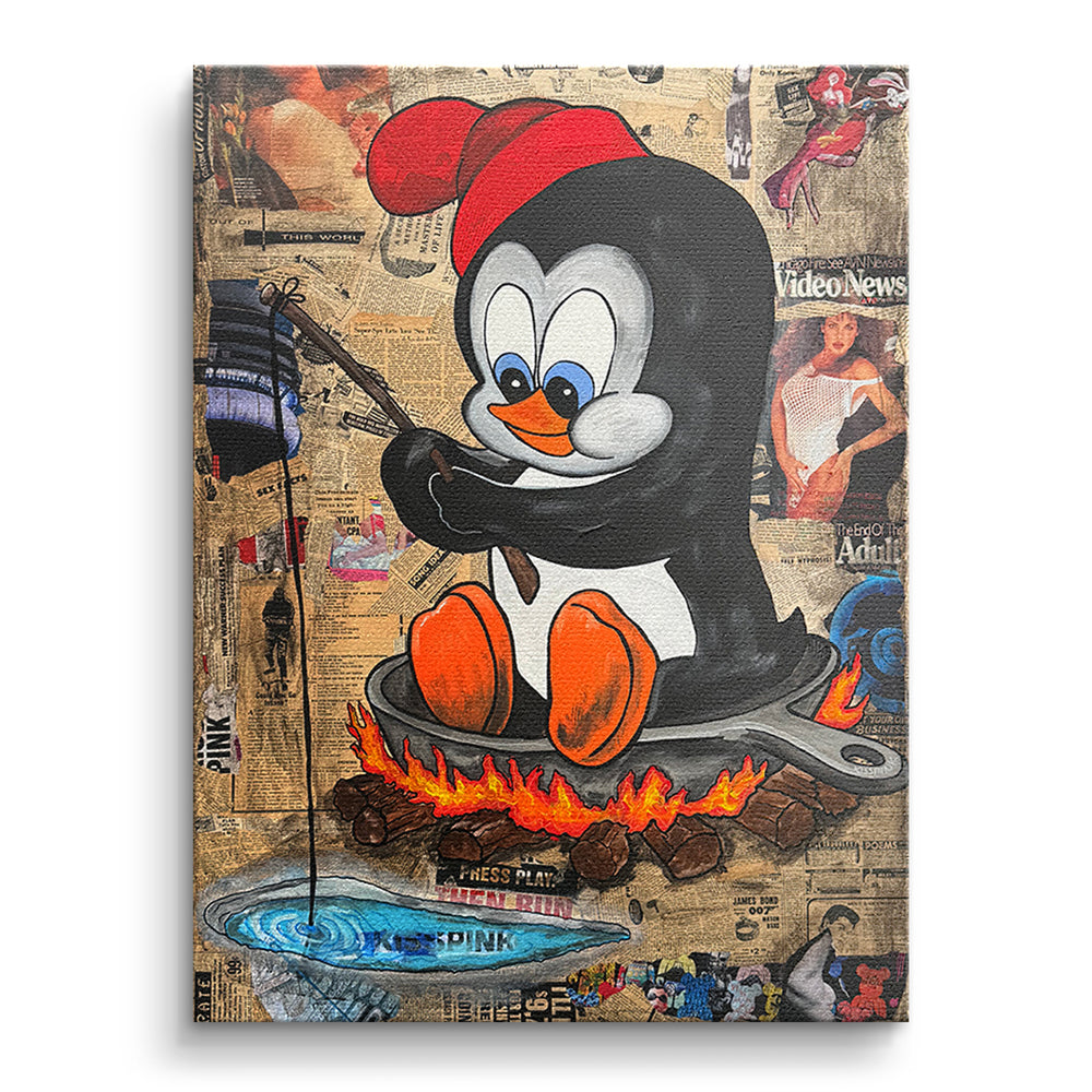 Hot Pan Penguin – Original-Gemälde von Kiss Pink