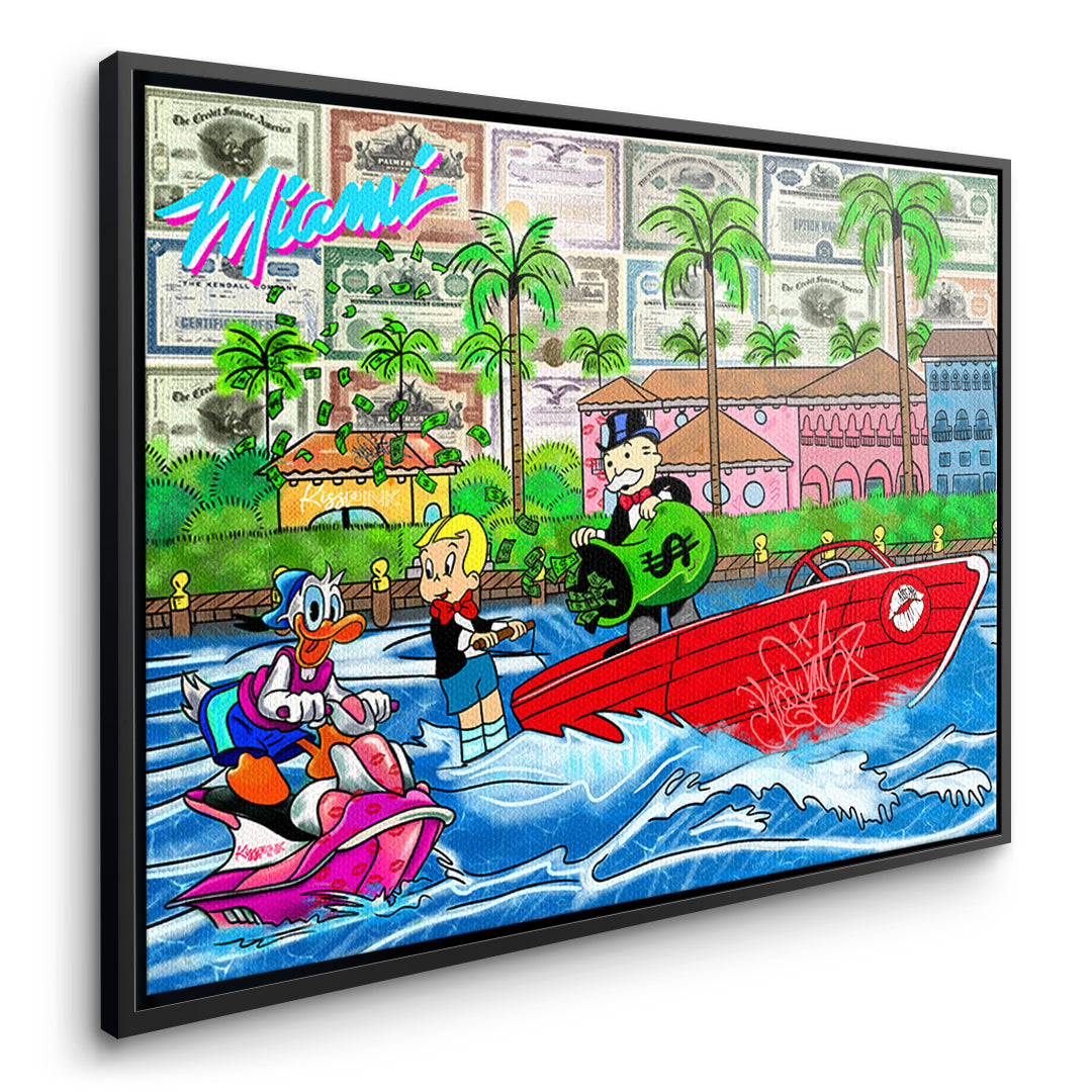 Seitenansicht des Leinwandbilds Miami Water Life im schwarzen Rahmen