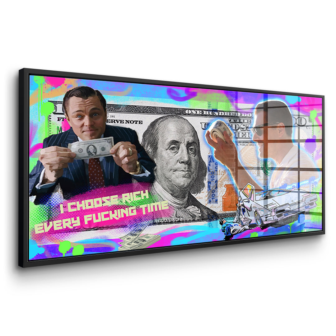 Seitenansicht des Acrylglasbilds I Choose Rich Neon im schwarzen Rahmen