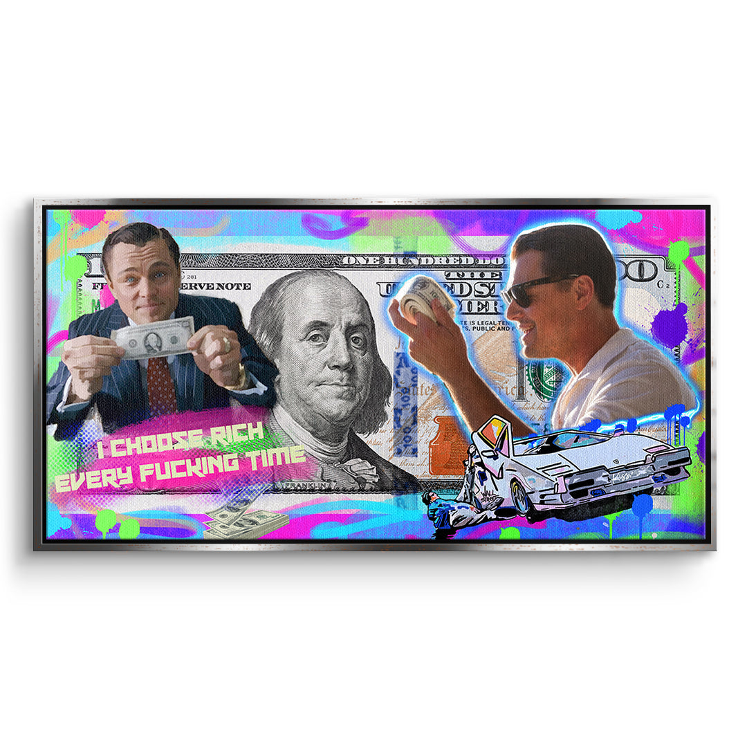 DOTCOMCANVAS Leinwandbild I Choose Rich Neon im silbernen Premium-Rahmen