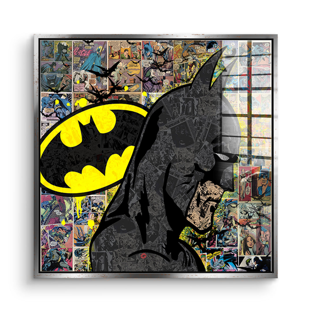 DOTCOMCANVAS Acrylglasbild Comic Night Hero im silbernen Premium-Rahmen
