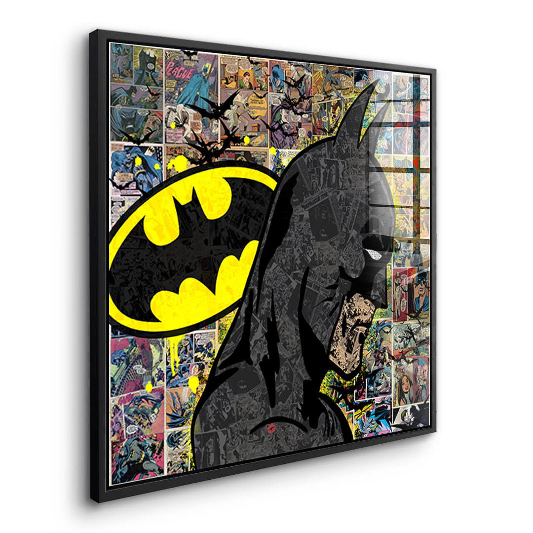 Seitenansicht des Acrylglasbilds Comic Night Hero im schwarzen Rahmen