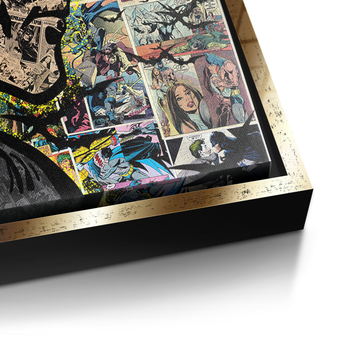 Detailaufnahme der Leinwandstruktur, Comic Night Hero im goldenen Rahmen