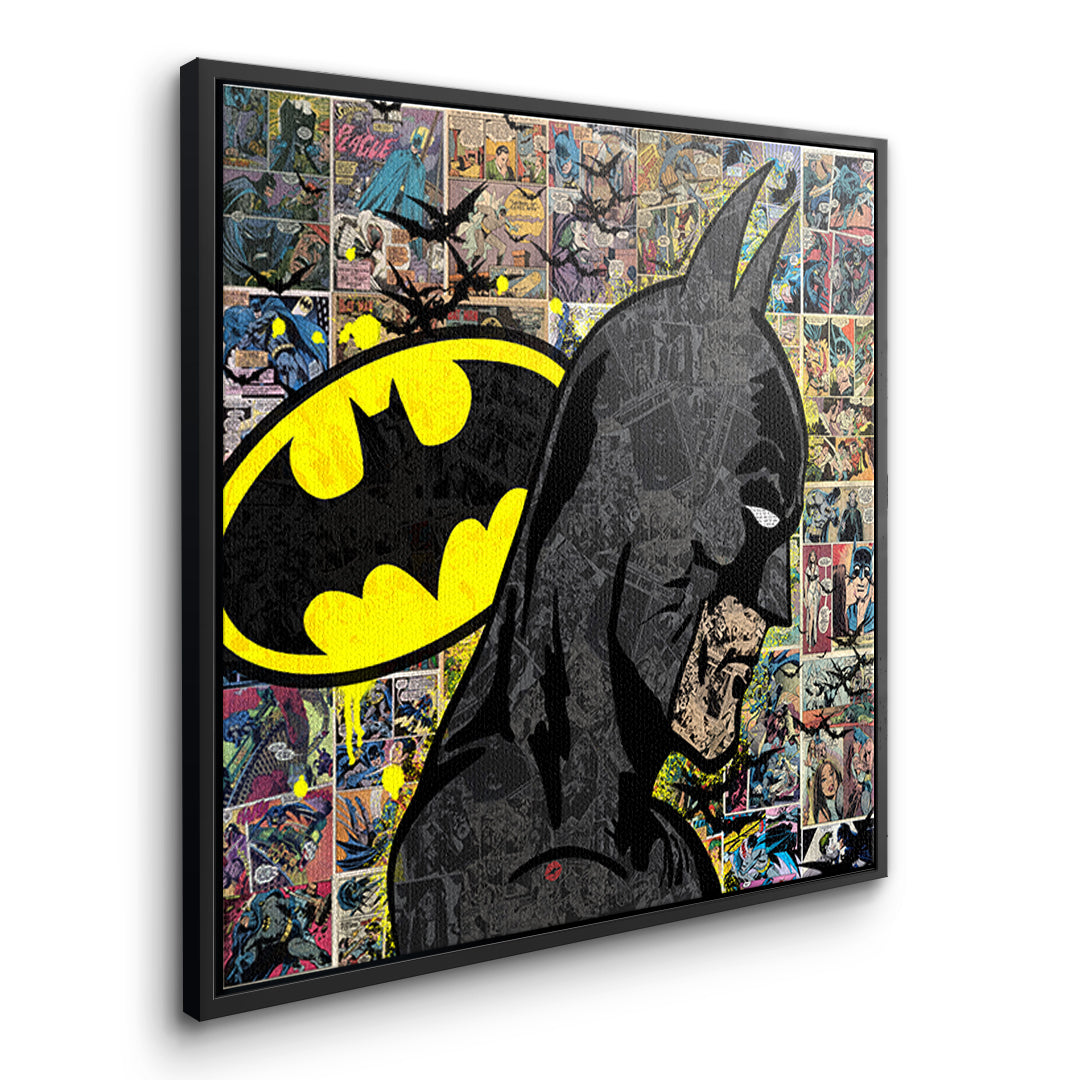 Seitenansicht des Leinwandbilds Comic Night Hero im schwarzen Rahmen