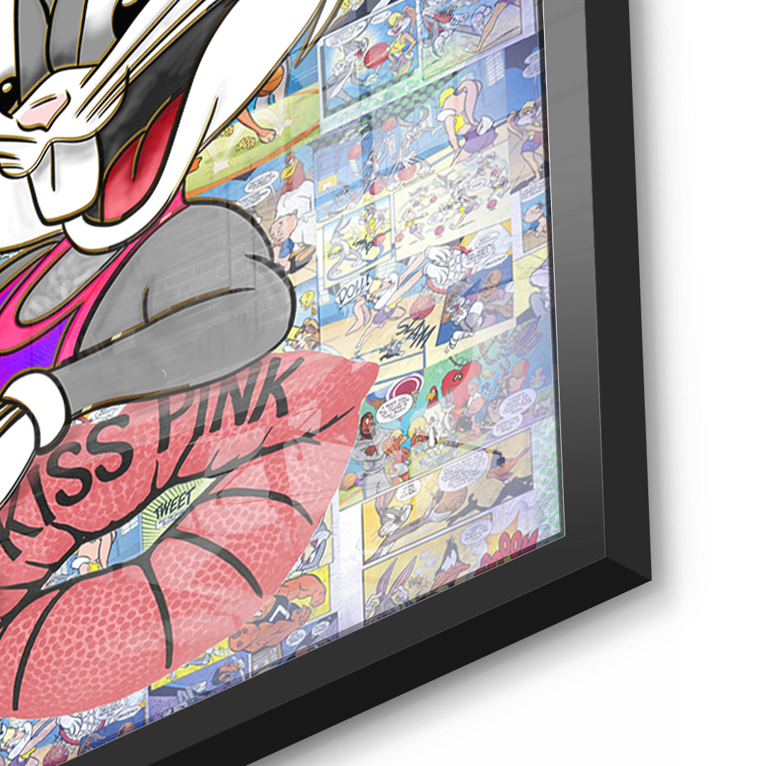 Detailaufnahme des 5mm Acrylglases, Basketball Bunny im schwarzen Rahmen
