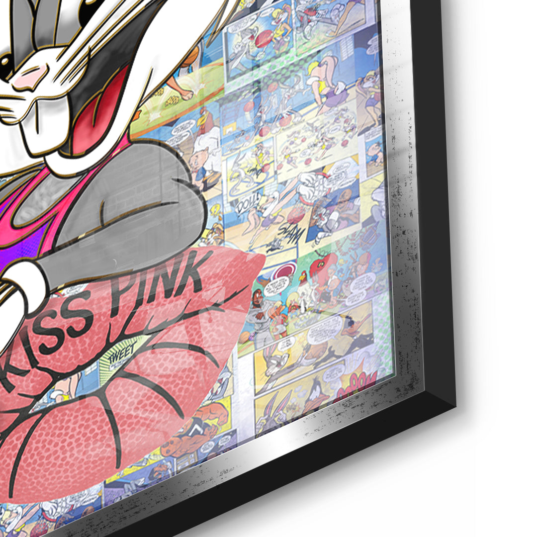 Detailaufnahme des 5mm Acrylglases, Basketball Bunny im silbernen Rahmen
