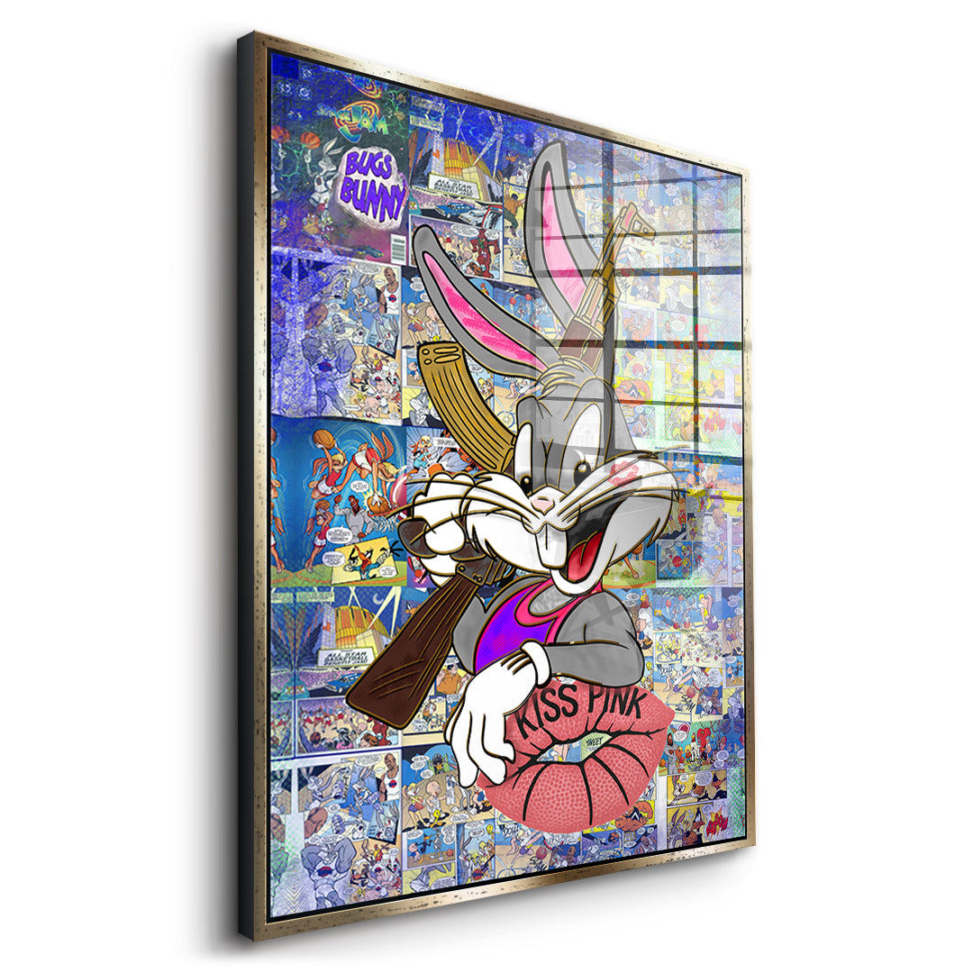 Seitenansicht des Acrylglasbilds Basketball Bunny im goldenen Rahmen