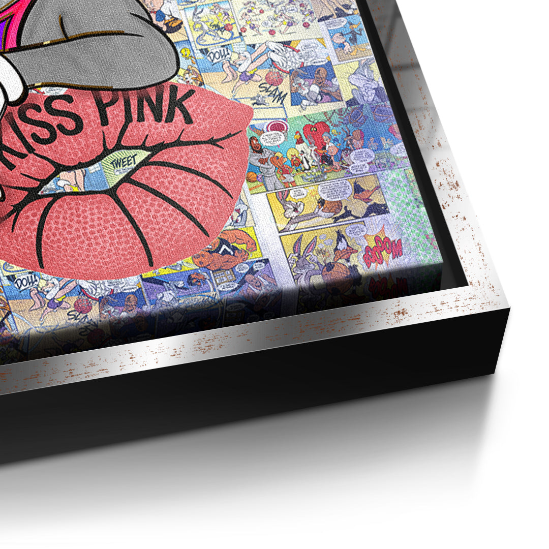 Detailaufnahme der Leinwandstruktur, Basketball Bunny im silbernen Rahmen