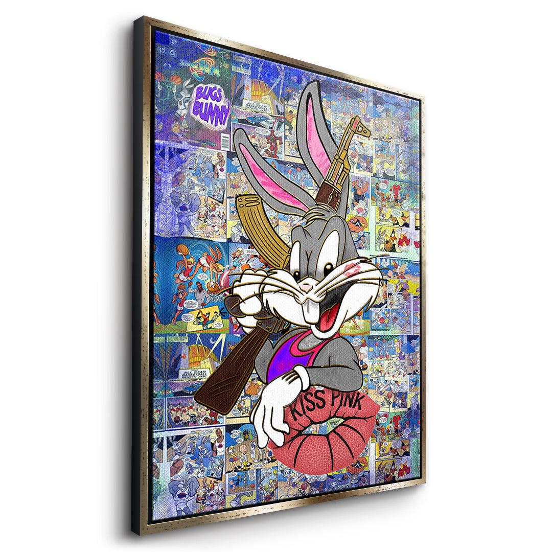Seitenansicht des Leinwandbilds Basketball Bunny im goldenen Rahmen