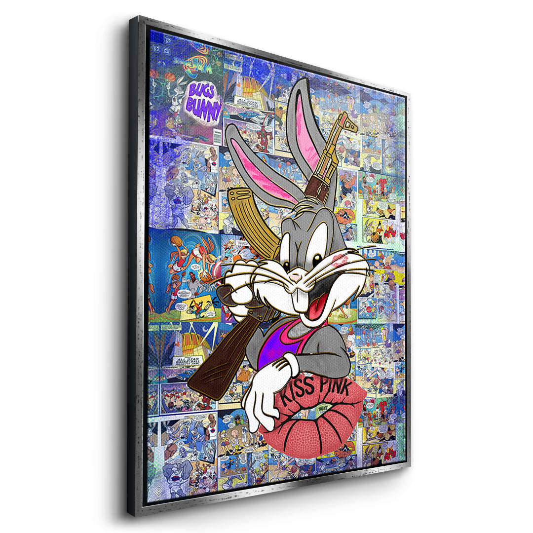 Seitenansicht des Leinwandbilds Basketball Bunny im silbernen Rahmen