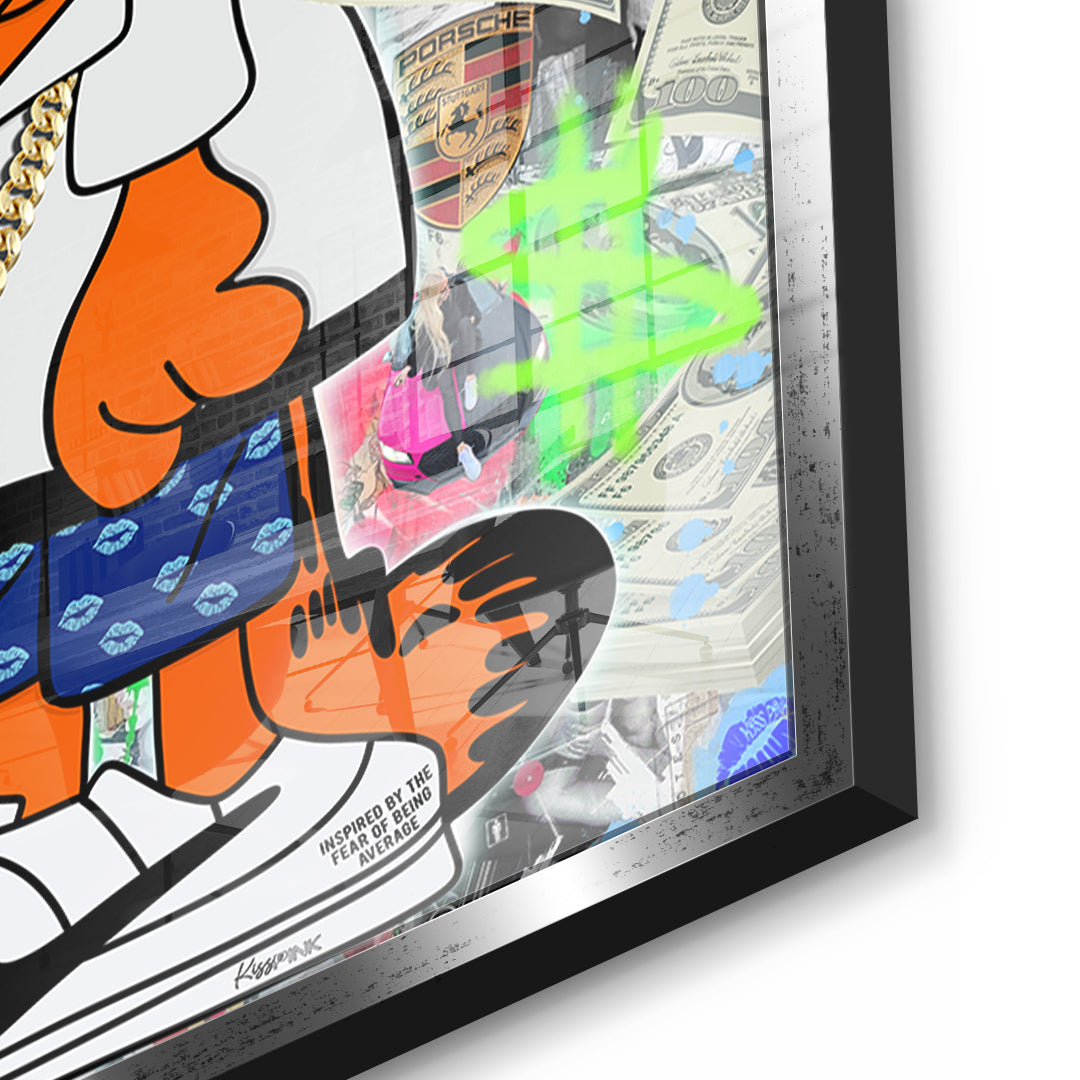 Detailaufnahme des 5mm Acrylglases, Street Cat Swag im silbernen Rahmen