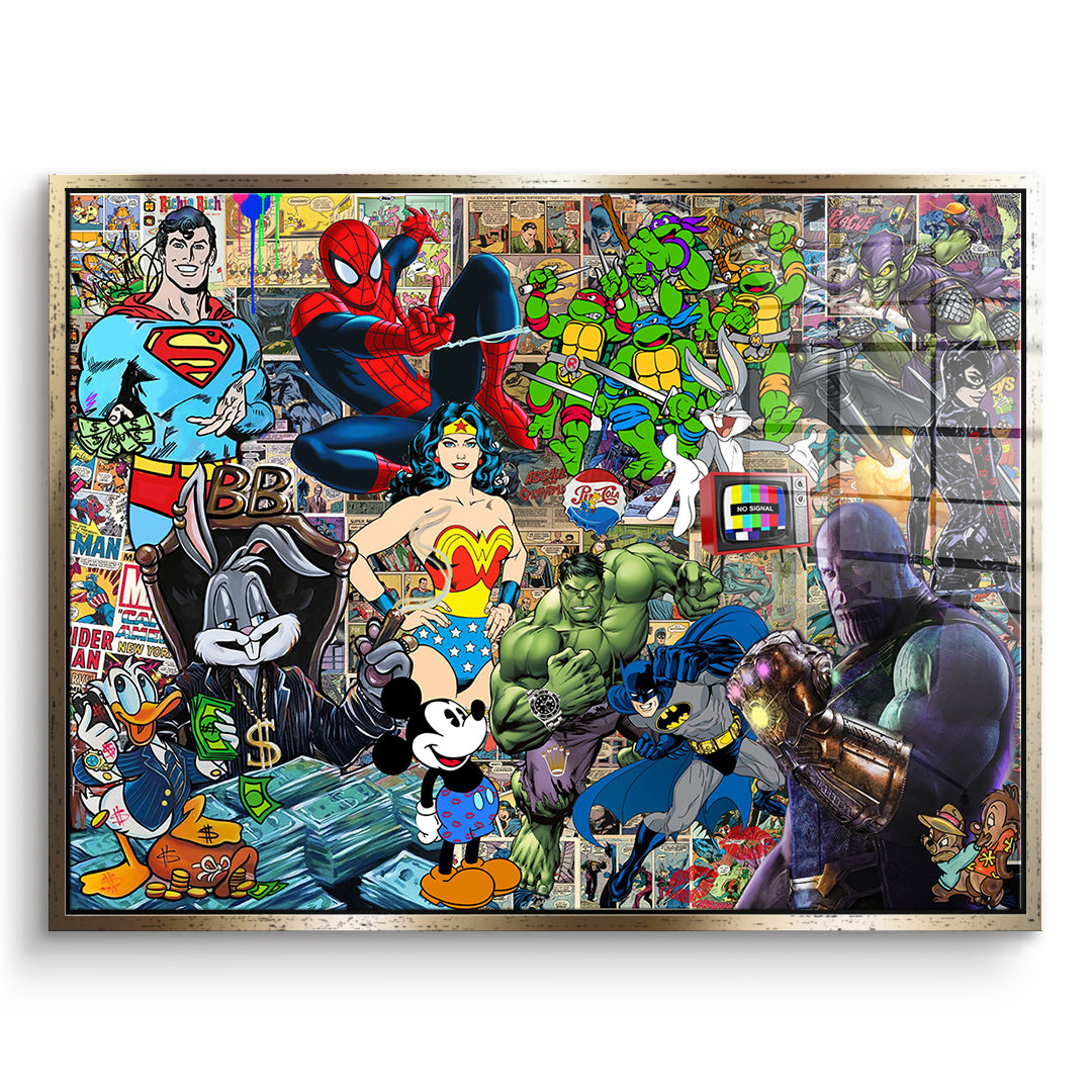 DOTCOMCANVAS Acrylglasbild Superhero Collage im goldenen Premium-Rahmen