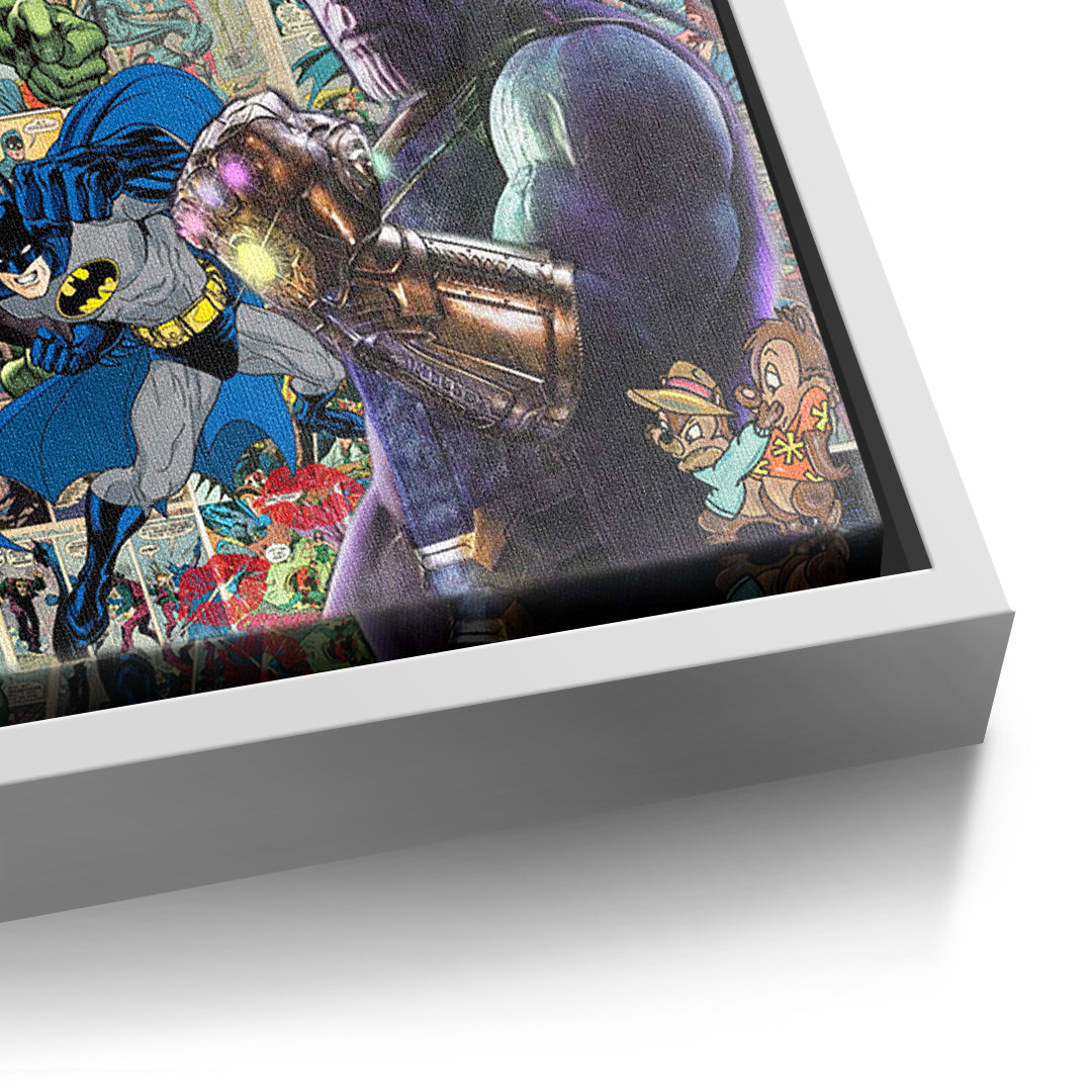 Detailaufnahme der Leinwandstruktur, Superhero Collage im weißen Rahmen