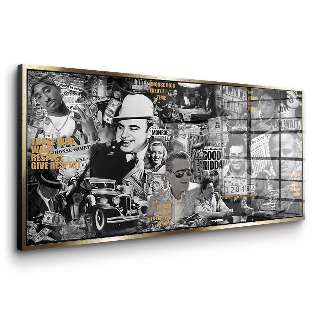 Seitenansicht des Acrylglasbilds Gangsters im goldenen Rahmen