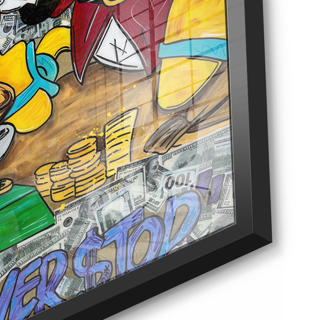 Detailaufnahme des 5mm Acrylglases, Never Stop Duck im schwarzen Rahmen
