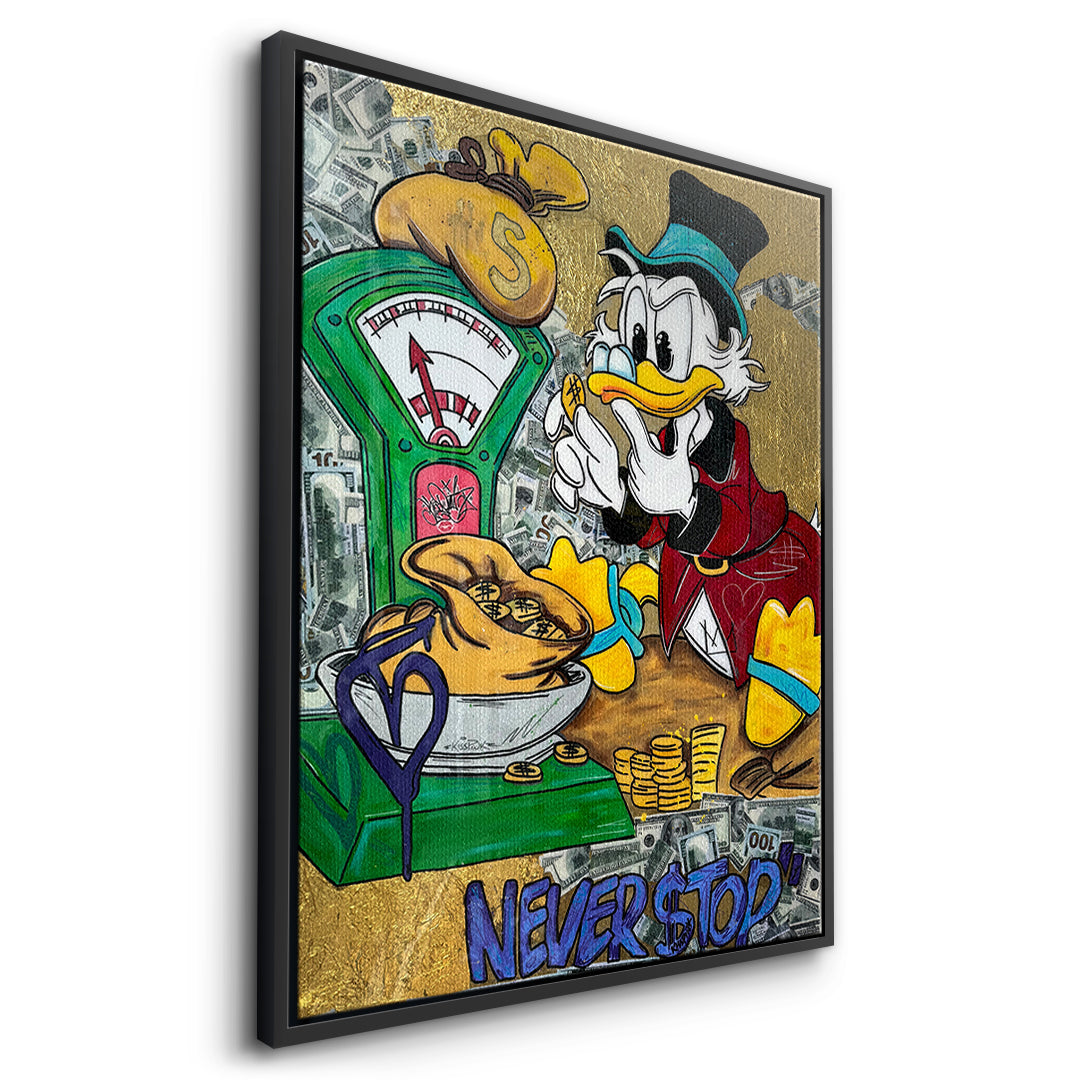 Seitenansicht des Leinwandbilds Never Stop Duck im schwarzen Rahmen