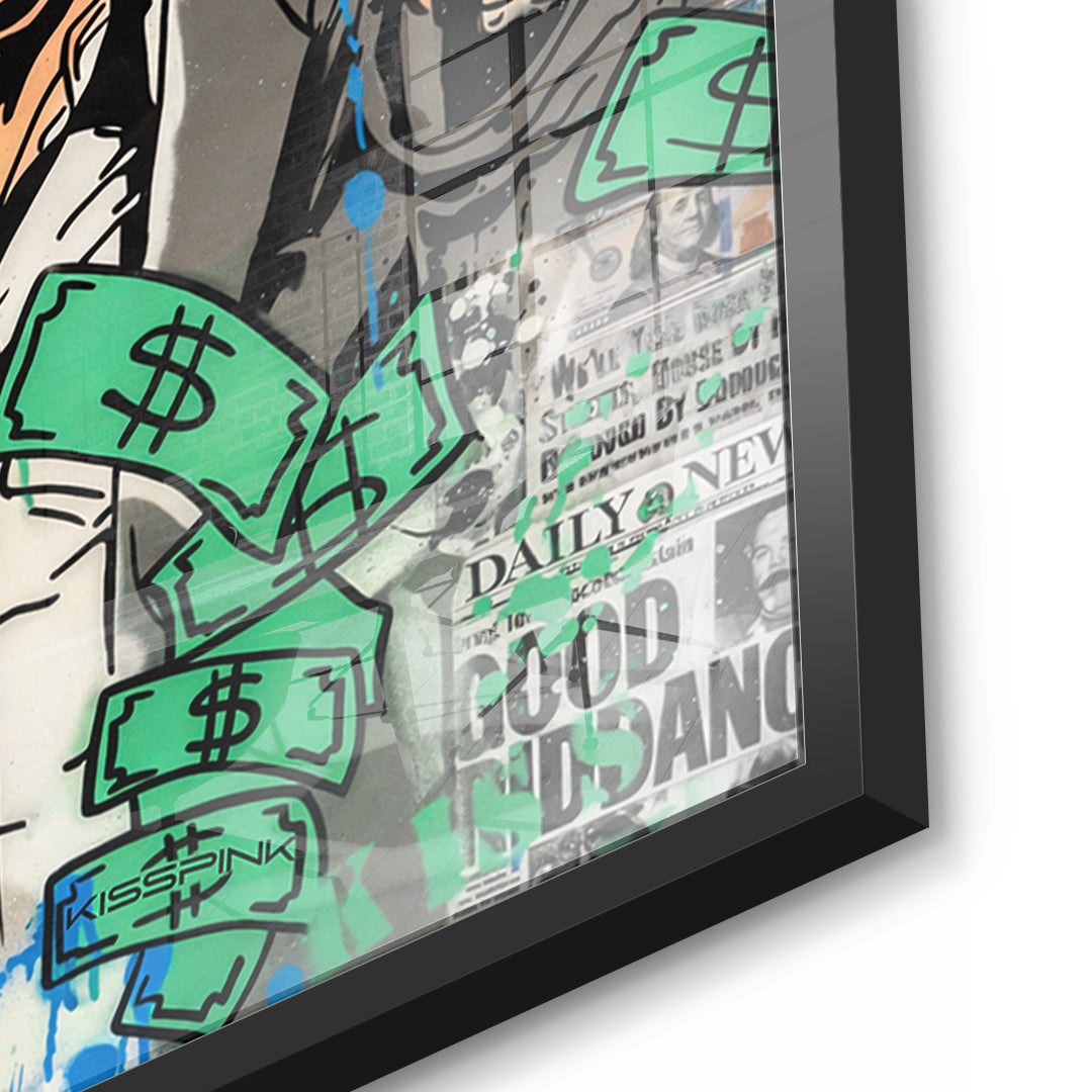 Detailaufnahme des 5mm Acrylglases, Patron Money im schwarzen Rahmen