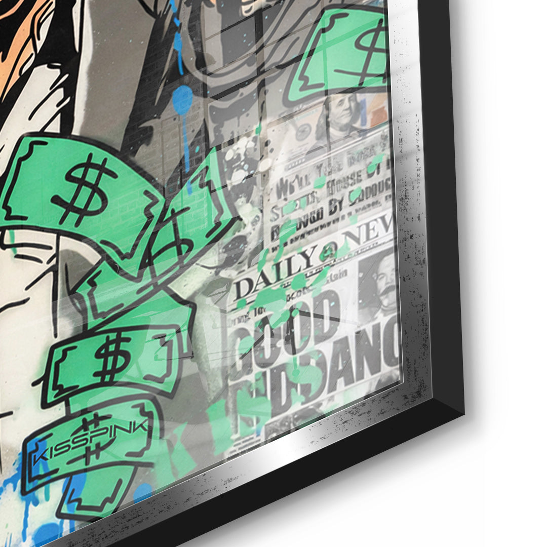 Detailaufnahme des 5mm Acrylglases, Patron Money im silbernen Rahmen