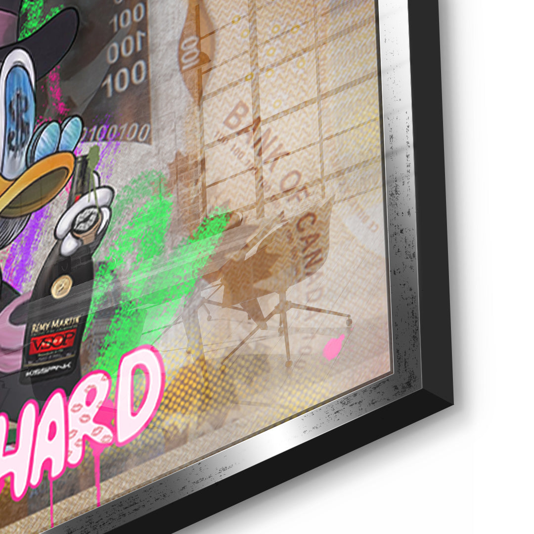 Detailaufnahme des 5mm Acrylglases, Work Hard Party Hard im silbernen Rahmen
