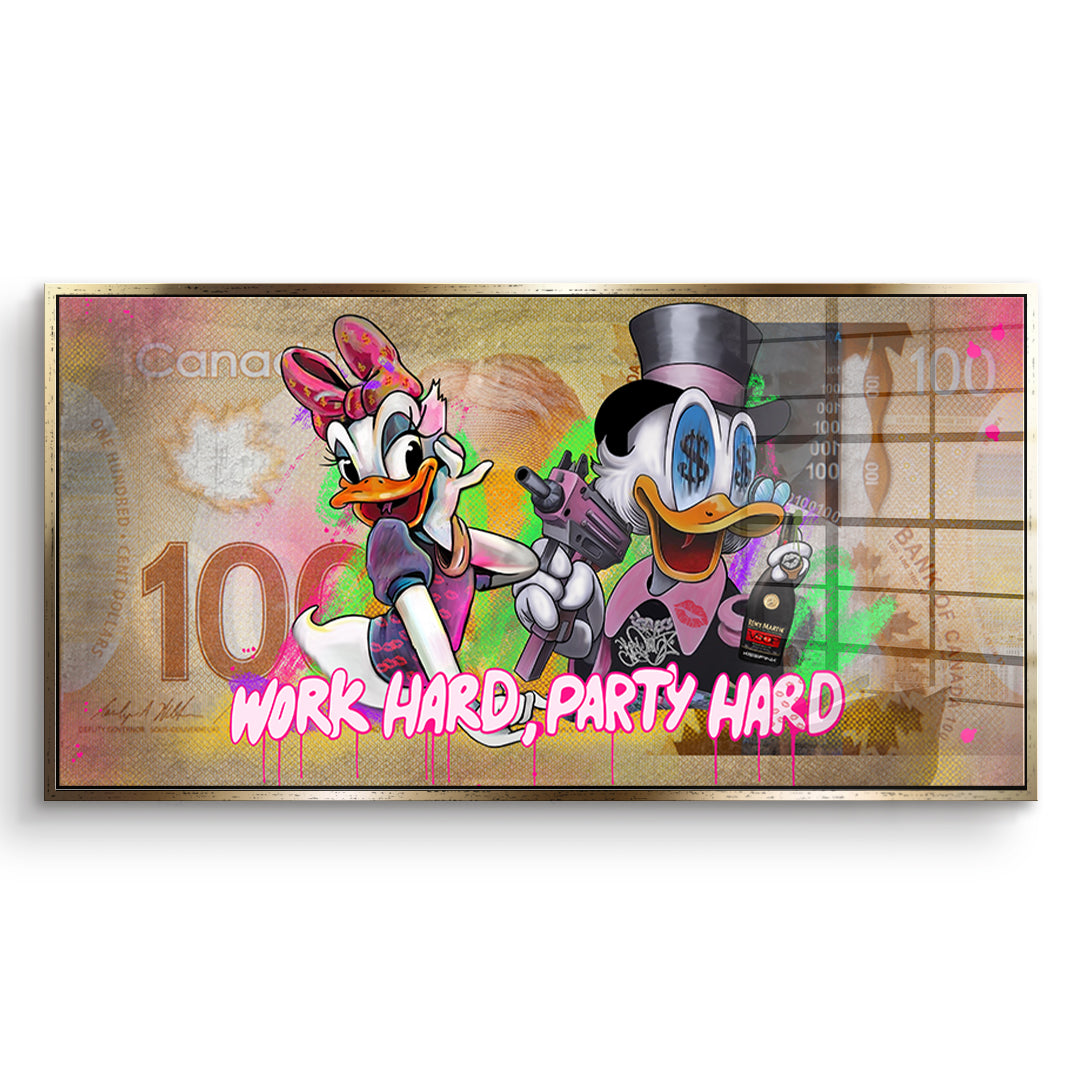 DOTCOMCANVAS Acrylglasbild Work Hard Party Hard im goldenen Premium-Rahmen