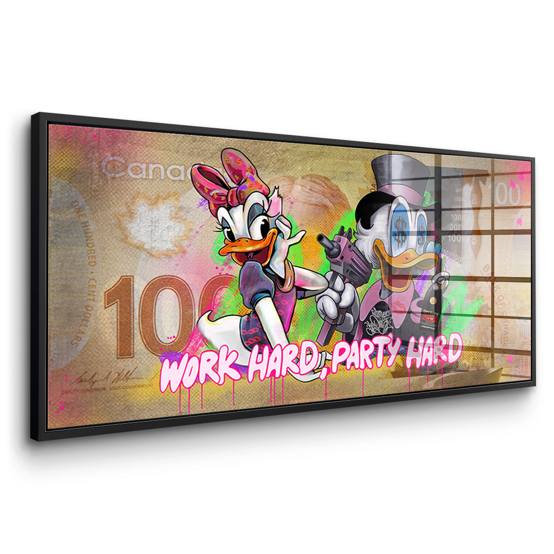 Seitenansicht des Acrylglasbilds Work Hard Party Hard im schwarzen Rahmen