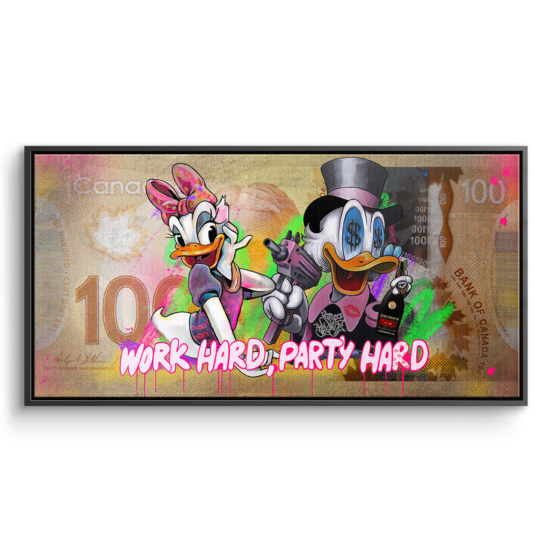 DOTCOMCANVAS Leinwandbild Work Hard Party Hard im schwarzen Premium-Rahmen